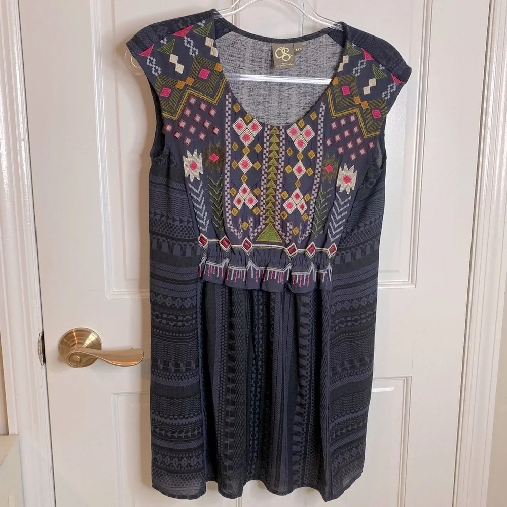 Anthropologie One September Barranco Embroidered  Navy Bohemian Blouse Tunic XXS
